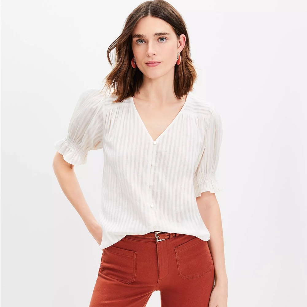 Loft Dobby Puff Sleeve V-Neck Mixed Media Top